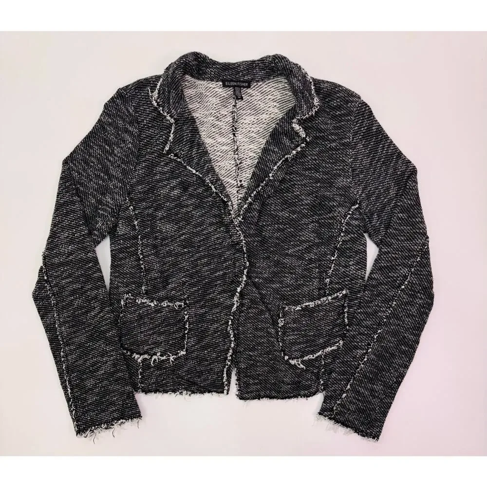 Eileen Fisher Black White Textured Fringe Tweed Blazer Cardigan Size S Petite - Picture 7 of 10